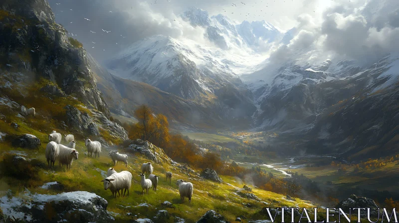 Pastoral Mountain Scene with Sheep AI Image