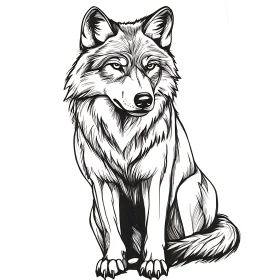 Sitting Wolf Detailed Line Art Illustration