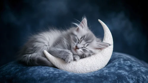 Cute Gray Kitten Sleeping Against Dark Blue Background