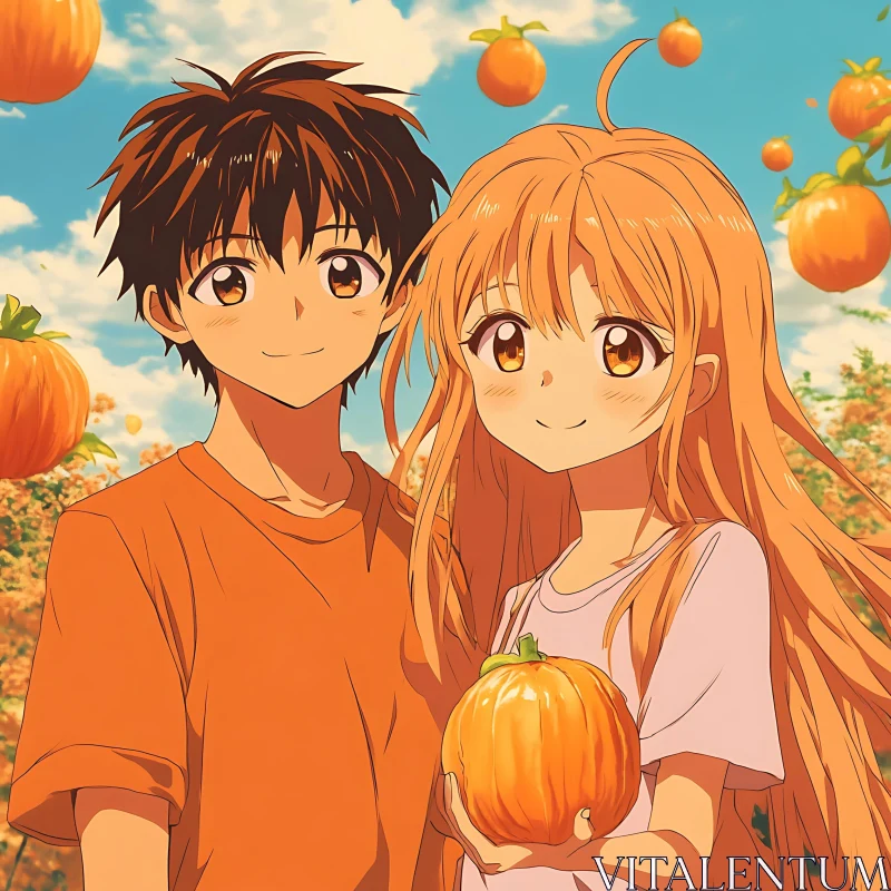 Anime Couple in Pumpkin Field AI Image