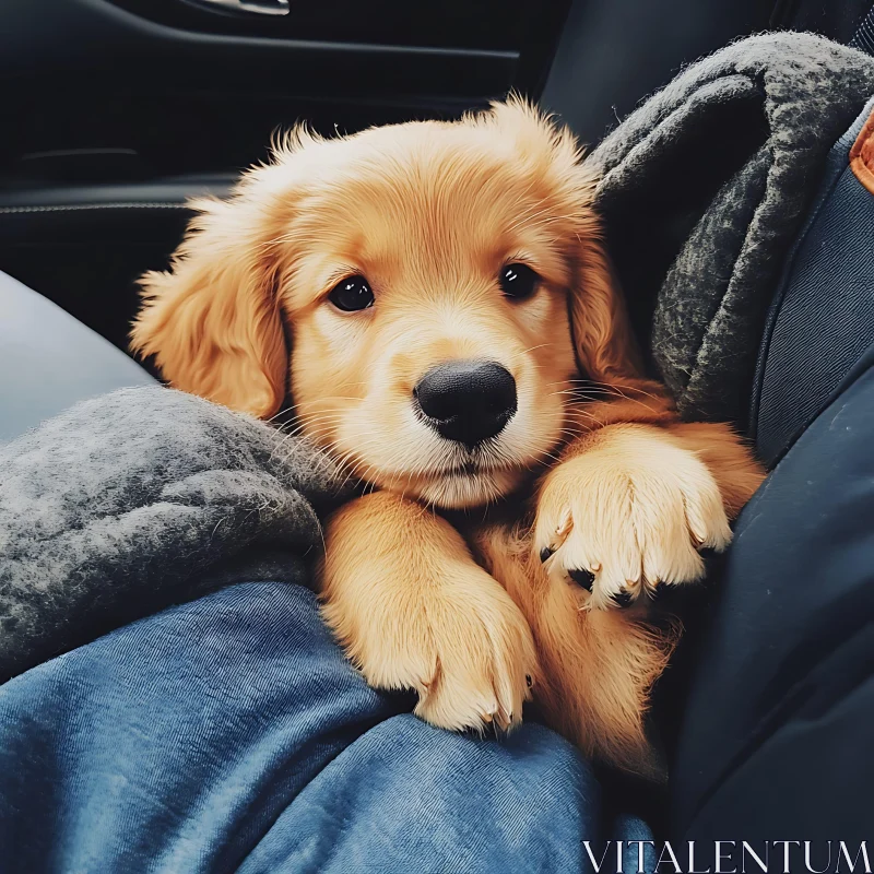 AI ART Cute Golden Retriever Puppy Snuggled Up in Car