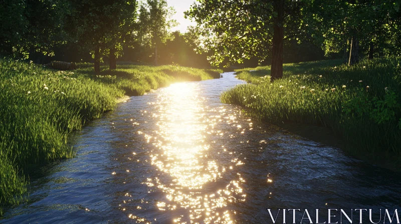 Sunlit River Surrounded by Greenery AI Image