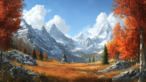 Autumnal Mountain Scene with Snow-Capped Peaks