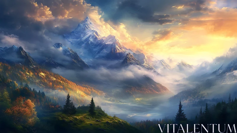 AI ART Mountainous Landscape with Golden Sky