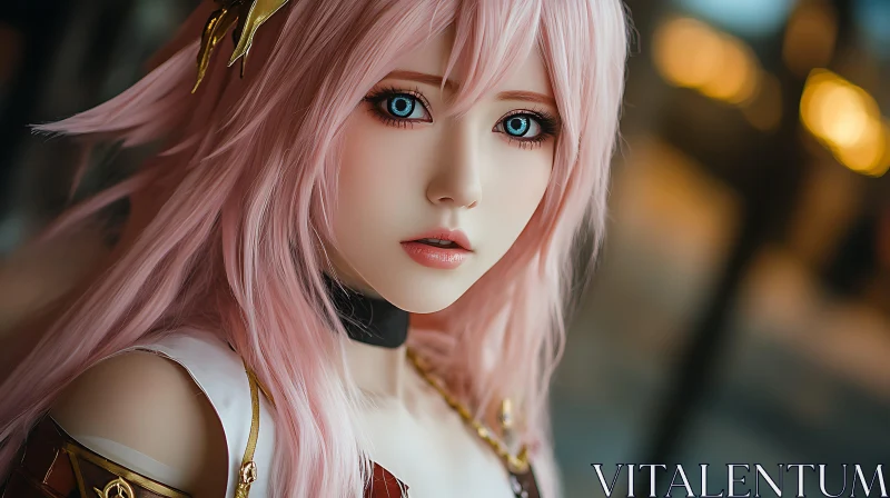 Anime Character with Pink Hair and Striking Blue Eyes AI Image