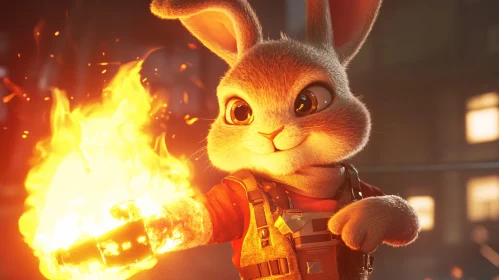 Cartoon Rabbit with Fire Bottle