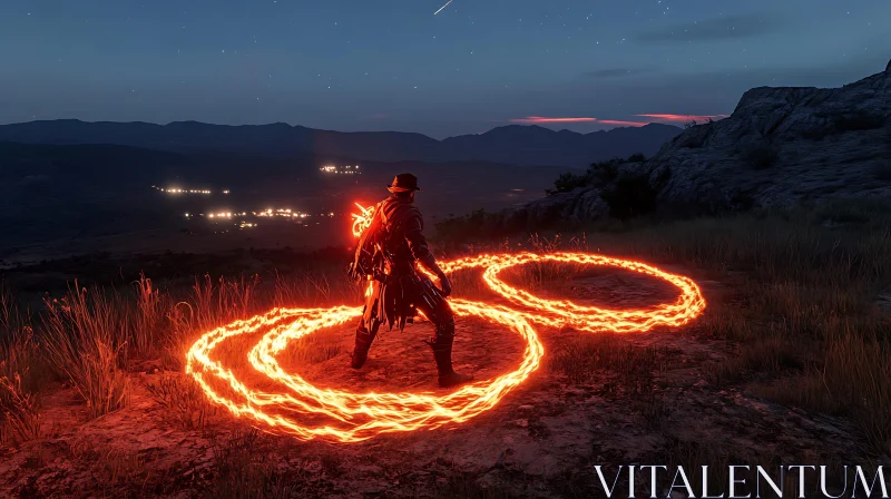 AI ART Figure with Fire Circles at Night