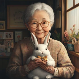 Elderly Woman and Her Rabbit Companion