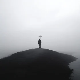 Man Silhouette and Cross on Misty Hill