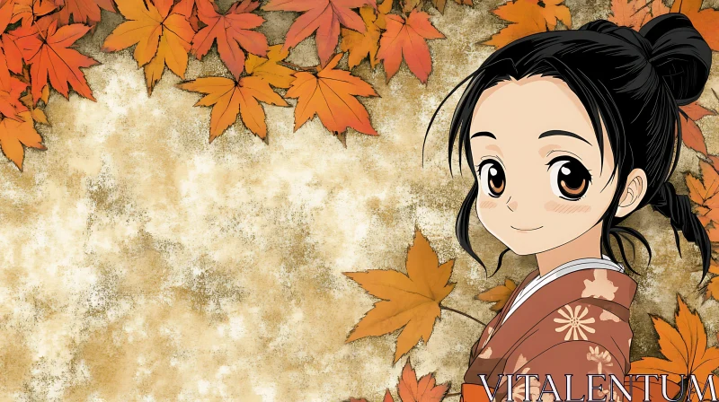 Traditional Kimono-Clad Anime Girl with Fall Foliage AI Image