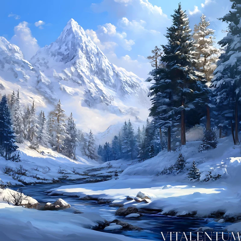 AI ART Winter Mountain Scene with River