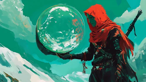 Red Hooded Figure Holding Sphere