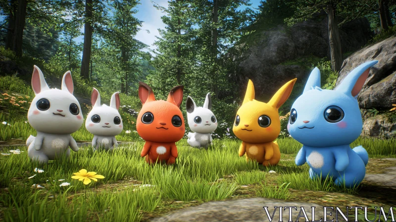 Colorful Cartoon Bunnies in Green Meadow AI Image