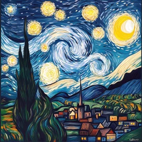 Night Sky Over Village Painting