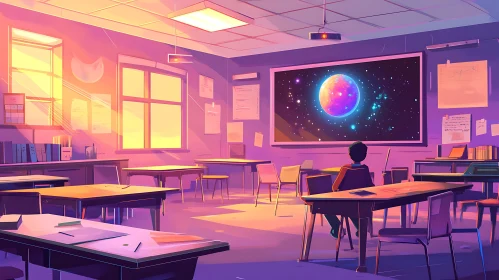 Classroom Interior with Planet on Screen