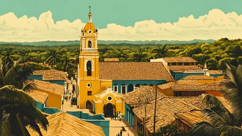 Tropical Cityscape with Yellow Church