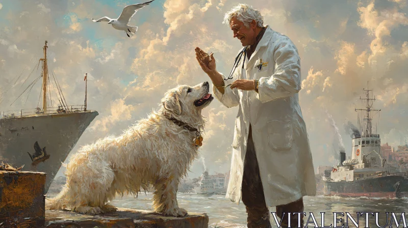 Doctor Treating Dog by Waterfront AI Image