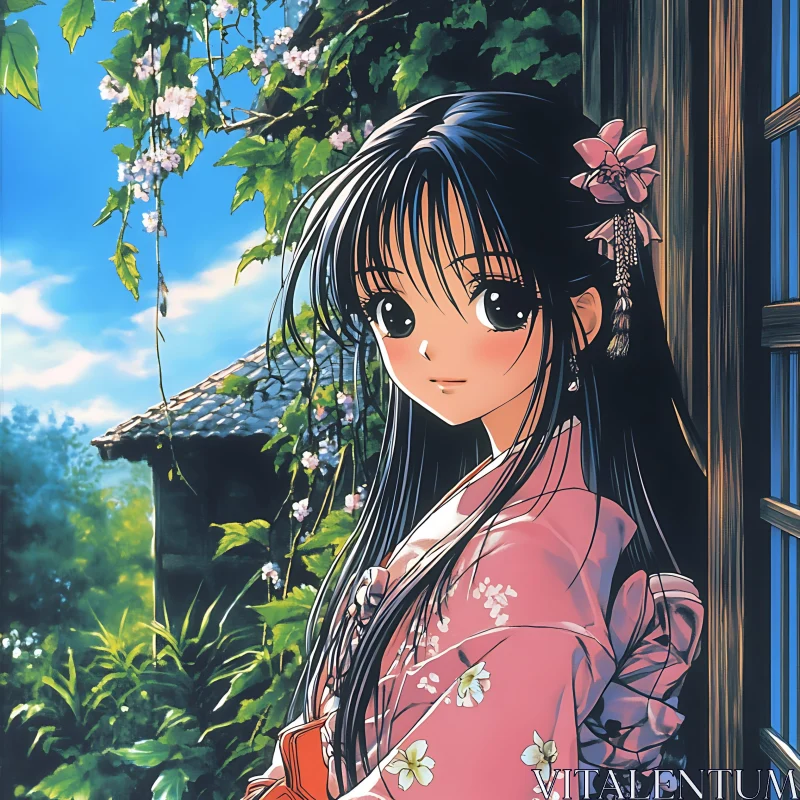 Anime Girl in Traditional Kimono by the Window AI Image