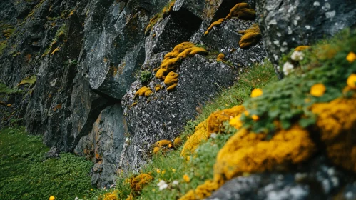 Mountain Nature with Moss and Flowers