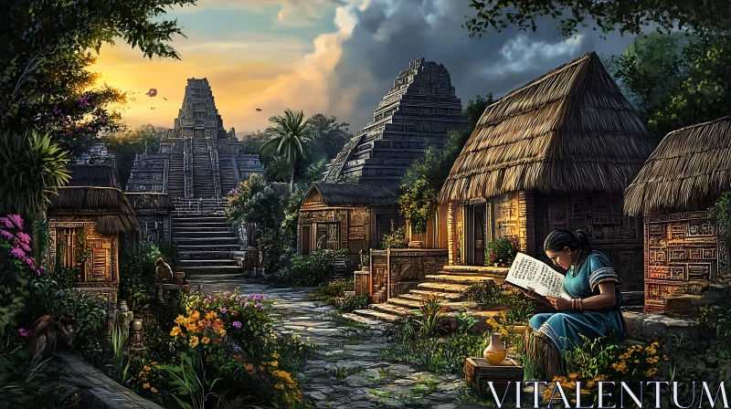 Woman Reading in Ancient Village AI Image