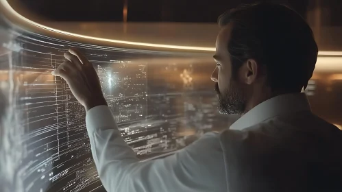 Man Analyzing Data on Transparent Screen