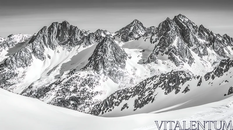 Serene Snow-Capped Peaks in Monochrome AI Image