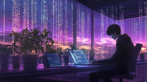 Coder in a Neon Cityscape