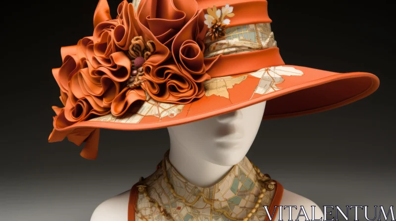 Delicate Flowers Adorned Orange Hat - Assemblage Art Installation AI Image