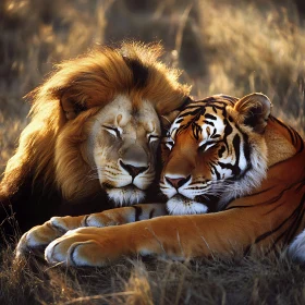 Serene Lion and Tiger Companionship
