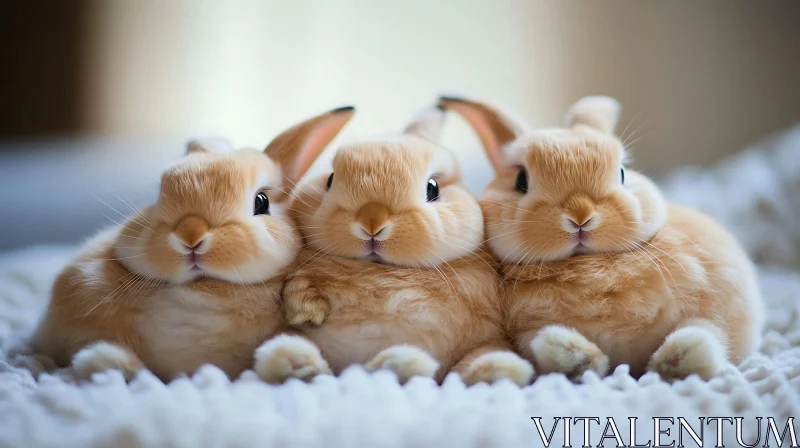 Three Cute Rabbits on White Blanket AI Image