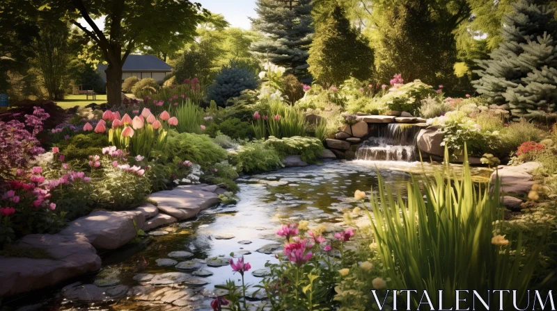 Tranquil Garden Stream: A Photorealistic Rendering AI Image