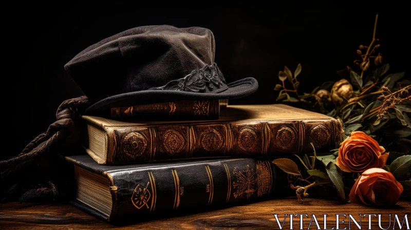 Vintage Scene: Old Books and Black Hat | Cowboy Imagery AI Image