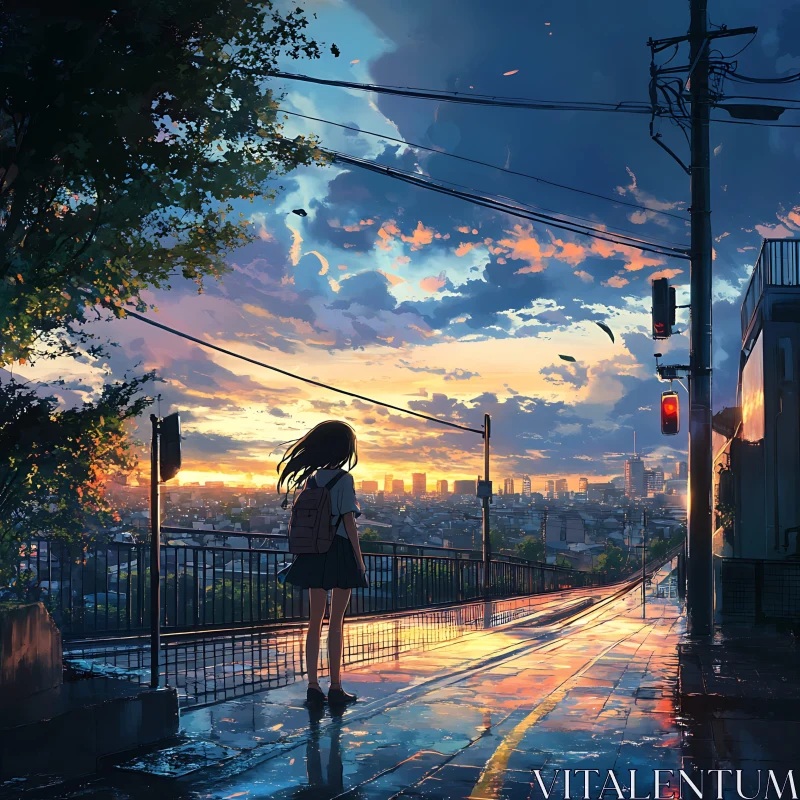 Reflective Anime City Scene AI Image