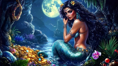 Enchanting Mermaid with Moonlit Treasure