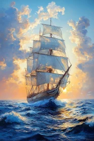 Sunset Journey of a Ship Over Majestic Sea Waves