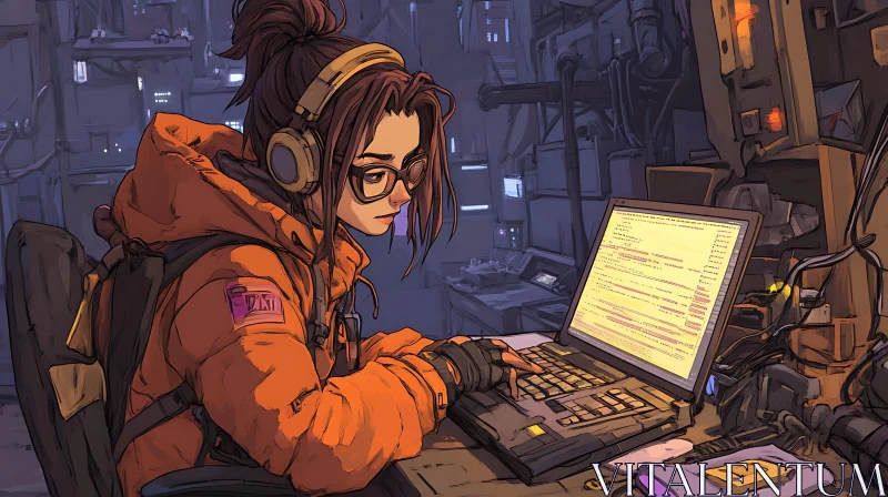 AI ART Woman Coding in Cyberpunk Environment