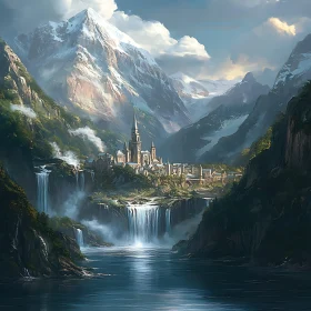 Serene Castle by Waterfalls