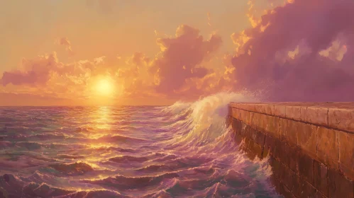 Golden Hour Seascape with Stone Breakwater