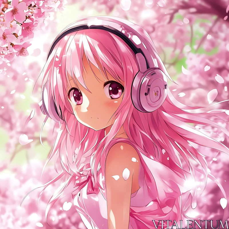 Cherry Blossoms and Anime Girl with Headphones AI Image