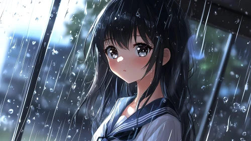 Melancholic Anime Girl in Rain