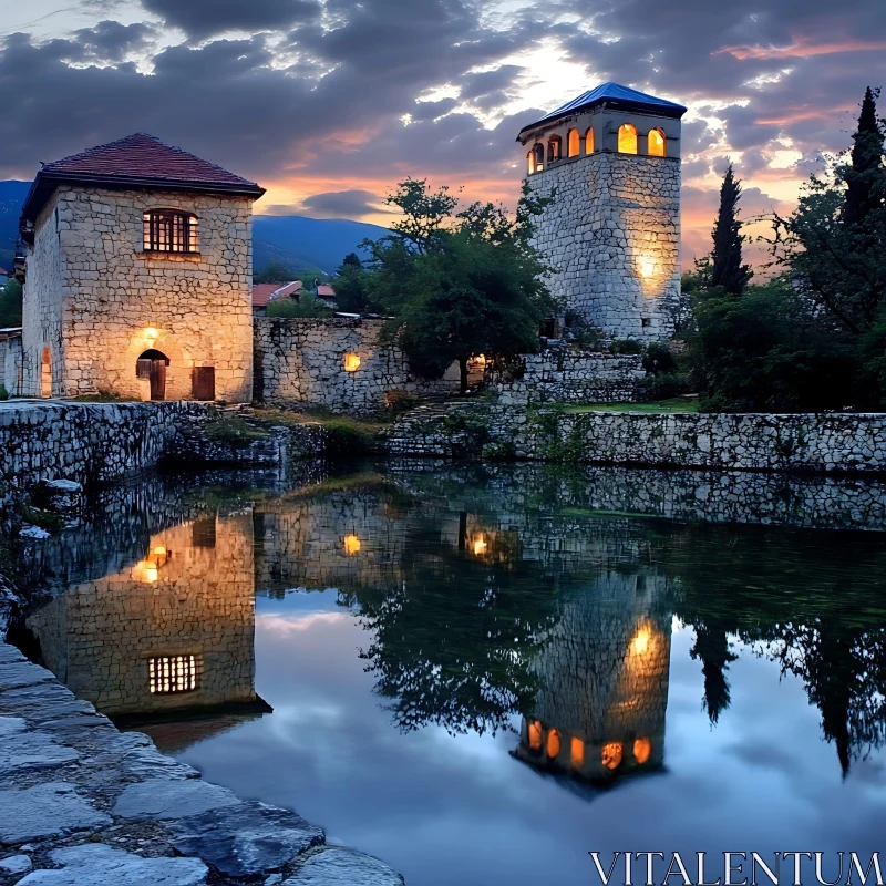 Ancient Stone Castle and Tower Reflected in Water at Sunset AI Image