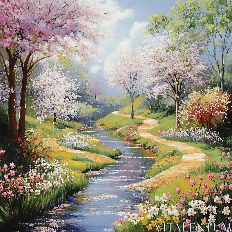 Spring River Landscape with Blossoming Trees AI Image
