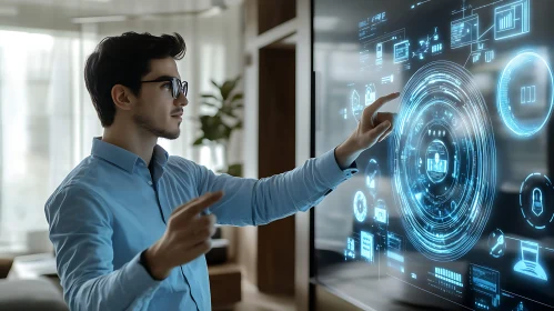 Man Interacting with Futuristic Interface