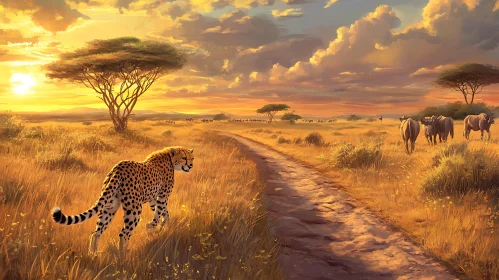 Golden Savanna: Cheetah's Sunset Stroll