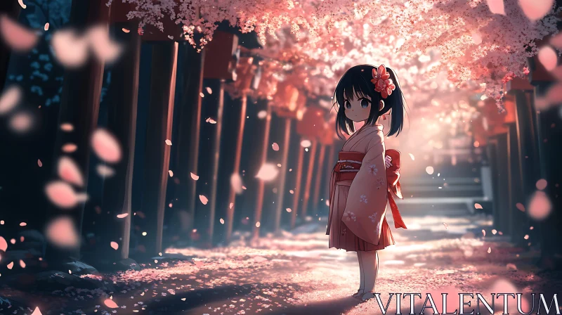 Serene Anime Blossom Tunnel with Girl in Kimono AI Image