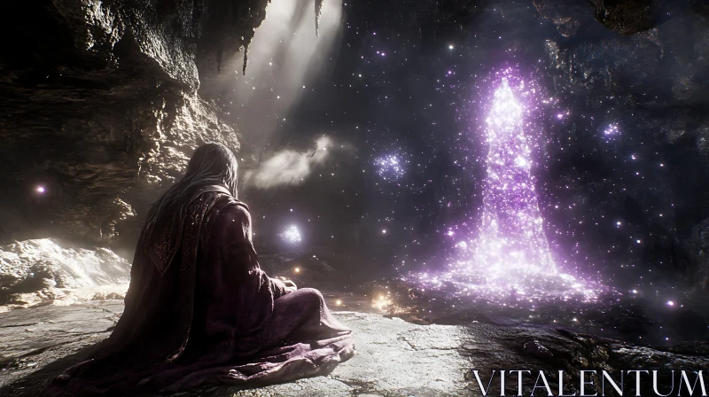 Wizard Meditating in Cave with Crystal AI Image