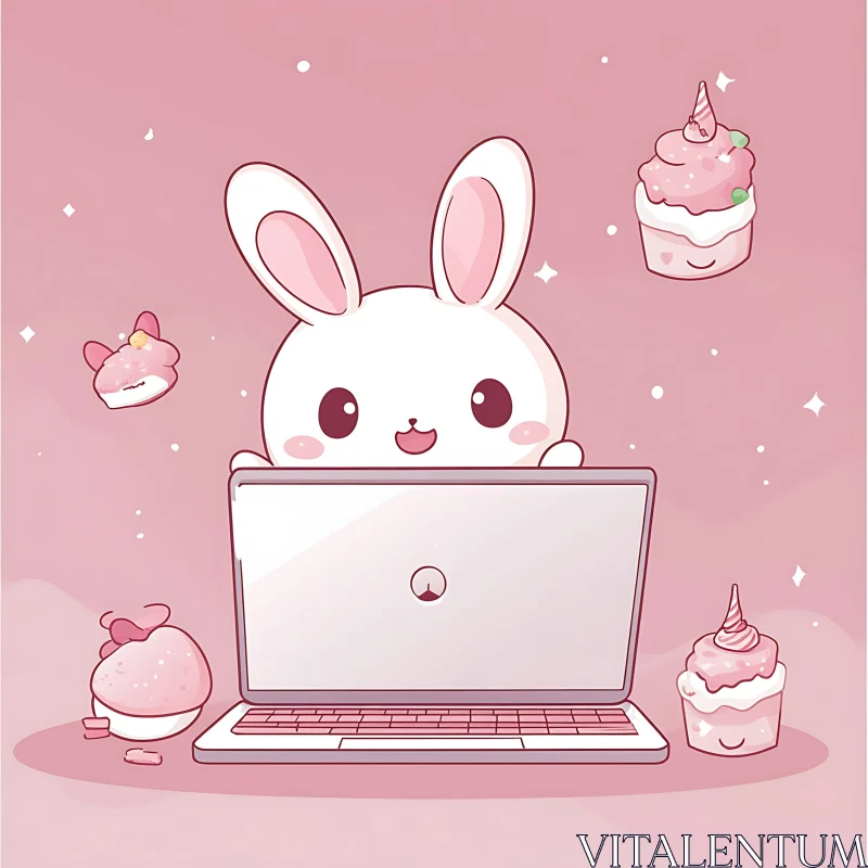 Cartoon Bunny with Laptop and Sweet Treats AI Image