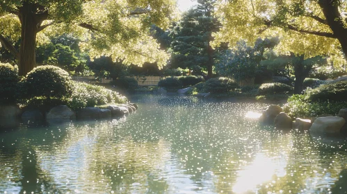 Peaceful Lakeside Garden with Sunlit Reflections