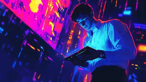 Man with Tablet in Neon Light