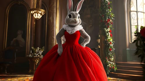 Elegant Rabbit in a Red Gown